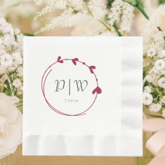 ワインレッドシンプルハートリースモノグラム結婚ズ 縁ありランチョンナプキン