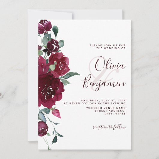 ワインレッドブルガンディマルサラ結婚フローラ 招待状 (正面)