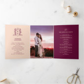 ワインレッド桃の写真クラウンモノグラム結婚ズ 三つ折りプログラム (内部)