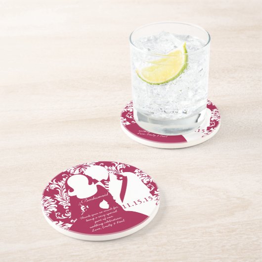 ワインレッド結婚ブライドメイドの花嫁&新郎コースター コースター (側面)