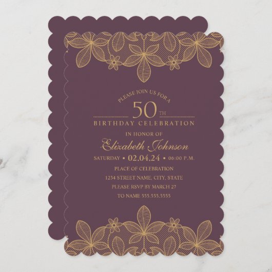 ワインレッド50thバースデーパーティーゴールデンレユニークース 招待状 (正面/裏面)