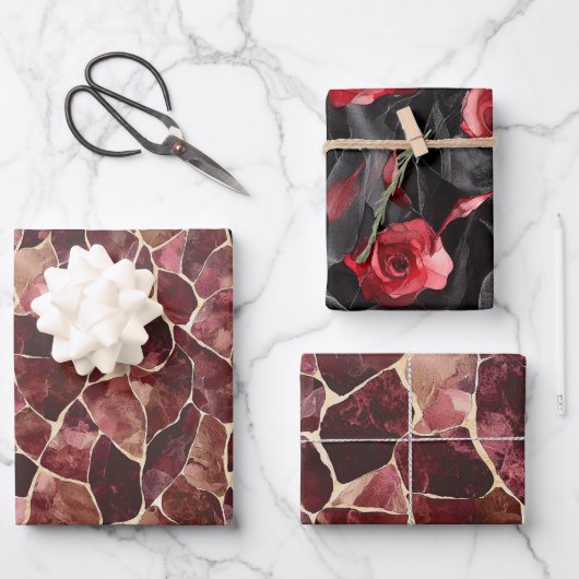ワインレッド おしゃれ 抽象 ブライズシャワー ラッピングペーパーシート (正面)
