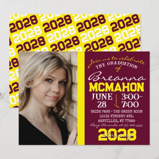 ワインレッド＆イエローの卒業写真招待状 招待状 (正面/裏面)