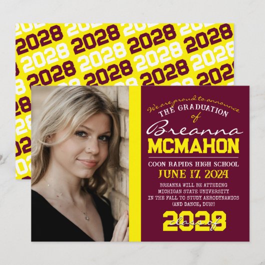 ワインレッド＆イエロー 卒業写真 発表 招待状 (正面/裏面)