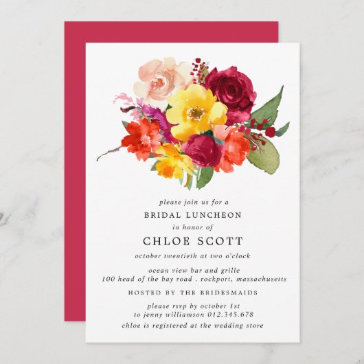 ワインレッド オレンジ イエロー ピンク 花 モチーフ ウェディング ランチョン 招待状 (正面/裏面)