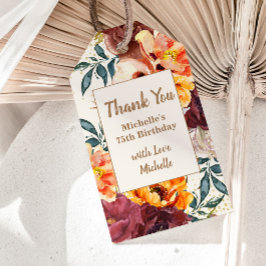 ワインレッド オレンジ フラワール ゴールド グリッター 75歳の誕生日 ギフトタグ