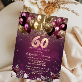 ワインレッド グリッター バルーン フラワー 60歳の誕生日 招待状