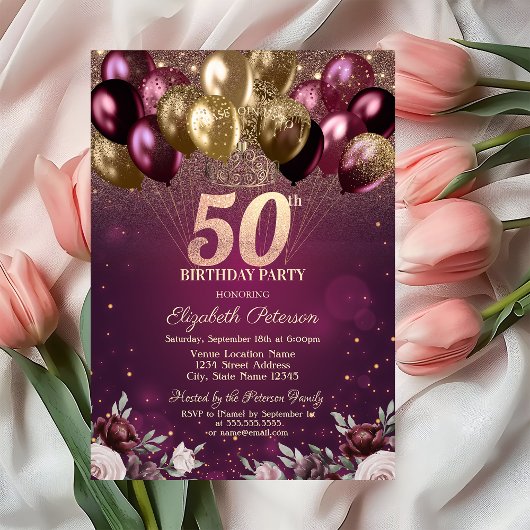 ワインレッド グリッター 風船 花 50歳の誕生日 招待状