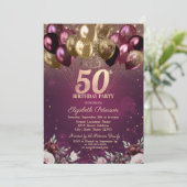 ワインレッド グリッター 風船 花 50歳の誕生日 招待状 (スタンド正面)
