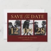 ワインレッド&ゴールドのスクリプト結婚式 Save The Date 招待状 (正面)