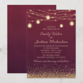 ワインレッド ゴールド グリッター ストリング ライト ウェディング 招待状 (正面/裏面)