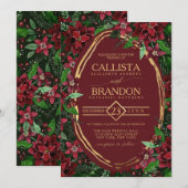 ワインレッド ゴールド グリーン ポインセチア アイビー フラワー ウェディング 招待状 (正面/裏面)