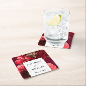 ワインレッド ゴールド フラワー エレガント モダン ウェディング スクエアペーパーコースター (インサイチュ)