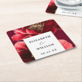 ワインレッド ゴールド フラワー エレガント モダン ウェディング スクエアペーパーコースター (アングル)