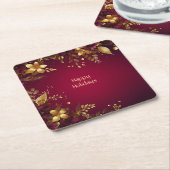 ワインレッド ゴールド フラワー ホリデー ペーパーコースター (アングル)