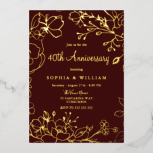 ワインレッド ゴールド フラワー 40周年 結婚記念日 箔招待状