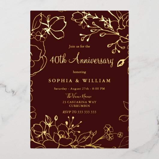 ワインレッド ゴールド フラワー 40周年 結婚記念日 箔招待状 (正面)