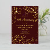 ワインレッド ゴールド フラワー 40周年 結婚記念日 箔招待状 (立ち正面)