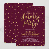 ワインレッド＆ゴールド 大人 50歳 サプライズ誕生日パーティー 招待状 (正面/裏面)