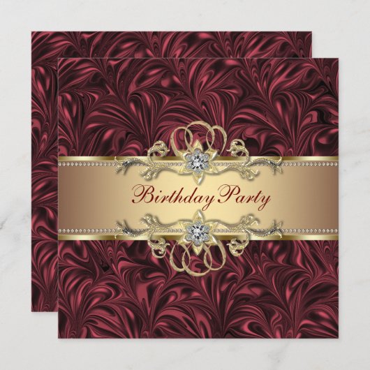 ワインレッド ゴールド 誕生日パーティー招待状 招待状 (正面/裏面)