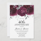 ワインレッド&シルバー フラワー 40周年結婚記念日 招待状 (正面)