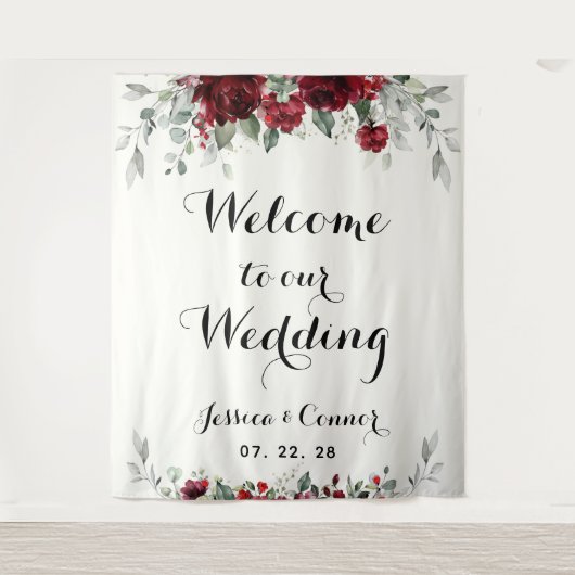 ワインレッド シルバー ユーカリ ウェルカムトゥアワウェディング タペストリー (正面)