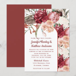 ワインレッド ダスティーローズ アイボリー ピーチ フラワーのウェディング  イン 招待状