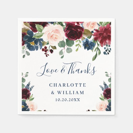 ワインレッド ネイビーブルー フラッシュ フラワーズ ラスティック パーティ スタンダードカクテルナプキン (正面)