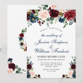 ワインレッド ネイビーブルー ブラッシュ ウォーターカラー フラワー ウェディング 招待状