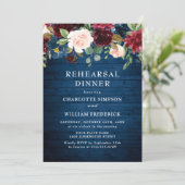 ワインレッド ネイビーブルー ブラッシュ フラワー リハーサル ディナー 招待状 (スタンド正面)