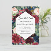 ワインレッド ネイビーブルー & レッド 水彩 フラワー フレーム セーブザデート (スタンド正面)