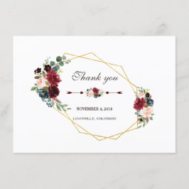 ワインレッド ネイビーブルー 花模様 ゴールドフレーム ありがとう サンキューカード