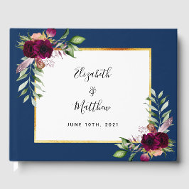 ワインレッド ネイビーブルー 花 緑の結婚式 ゲストブック