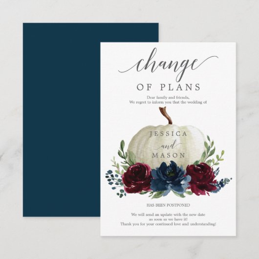 ワインレッド ネイビー パンプキン 予定変更のお知らせ 招待状 (正面/裏面)