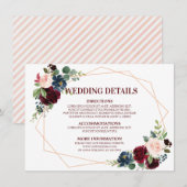 ワインレッド ネイビー フラワー ジオメトリック ウェディング 詳細 エンクロージャーカード (正面/裏面)