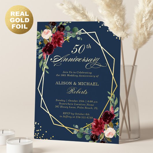 ワインレッド ネイビー フラワー ジオメトリック 結婚記念日 箔招待状