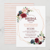 ワインレッド ネイビー フラワー 幾何学模様 ブライダルシャワー 招待状 (正面/裏面)