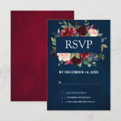 ワインレッド ネイビー フローラル ボヘミアンスタイル ウェディング出欠確認カード 出欠カード (正面/裏面)