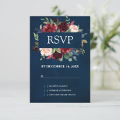 ワインレッド ネイビー フローラル ボヘミアンスタイル ウェディング出欠確認 出欠カード (スタンド正面)