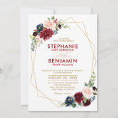 ワインレッド ネイビー フローラル モダン 幾何学 結婚式 招待状 (正面)