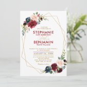 ワインレッド ネイビー フローラル モダン 幾何学 結婚式 招待状 (スタンド正面)