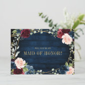 ワインレッド ネイビー ブラッシュ あなたは私のメイドオブオナーになってくれる？ 招待状 (スタンド正面)