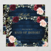 ワインレッド ネイビー ブラッシュ あなたは私のメイドオブオナーになってくれる？ 招待状 (正面/裏面)