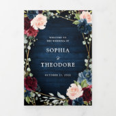 ワインレッド ネイビー ブラッシュ フラワーズ ゴールド ジオメトリック ウェディング 三つ折り案内状 (カバー)