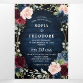 ワインレッド ネイビー ブラッシュ フラワーズ ゴールド ジオメトリック ウェディング 三つ折り案内状 (内部中)