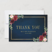 ワインレッド ネイビー ブラッシュ フラワー ゴールド ジオメトリック ウェディング サンキューカード (正面)