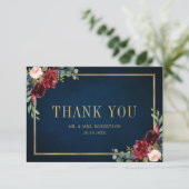 ワインレッド ネイビー ブラッシュ フラワー ゴールド ジオメトリック ウェディング サンキューカード (スタンド正面)