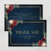 ワインレッド ネイビー ブラッシュ フラワー ゴールド ジオメトリック ウェディング サンキューカード (正面/裏面)