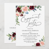 ワインレッド ネイビー ユーカリ ローズ 婚約パーティー 招待状 (正面/裏面)