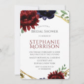 ワインレッド ネイビー 牡丹 ゴールド ブライダルシャワー 招待状 (正面)